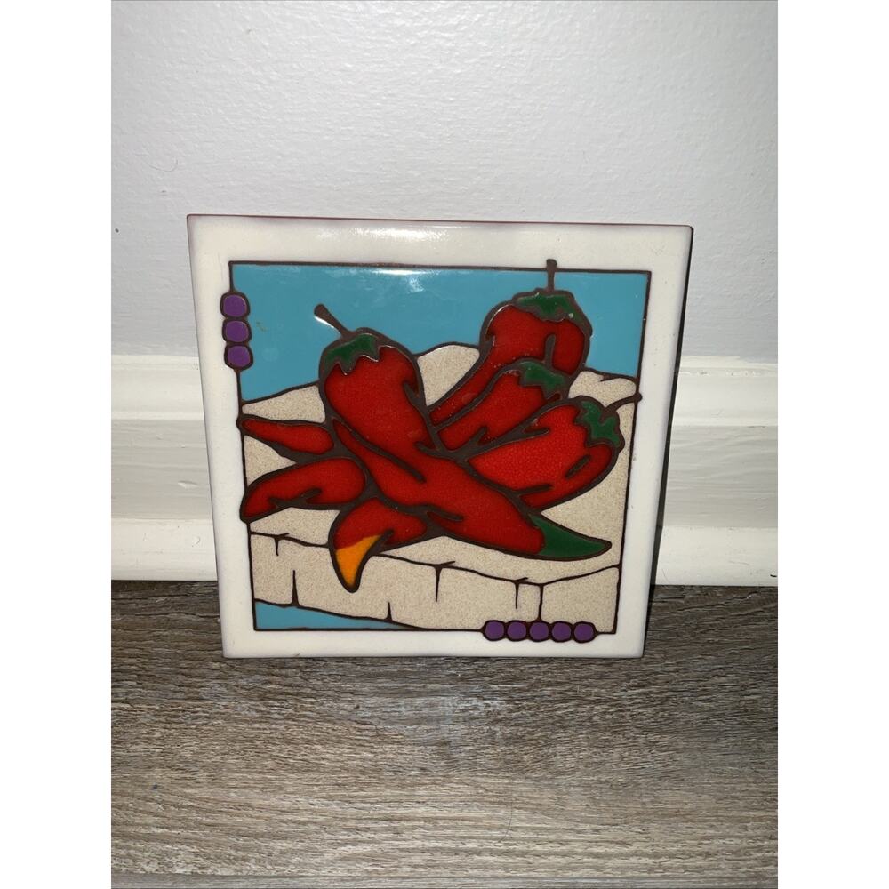 Masterworks USA Handcrafted Ceramic Tile Trivet Coaster Southwest Red Peppers